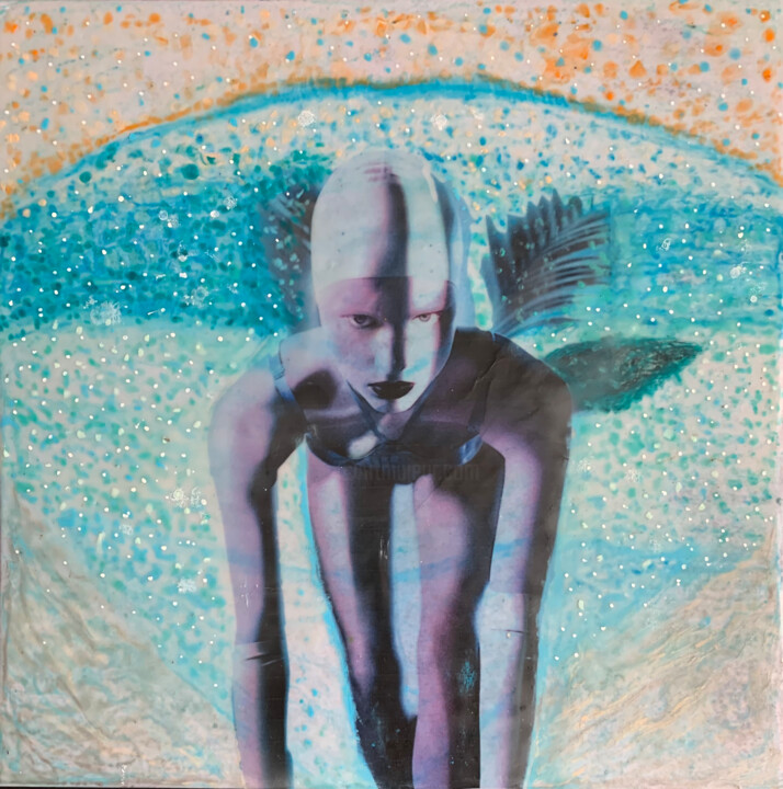 Painting titled "Swimmer" by Mindy Tillery, Original Artwork, Encaustic Mounted on Cardboard