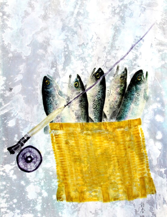 Pintura titulada "rainbow-trout-oncor…" por Mineo Yamamoto, Obra de arte original, Oleo