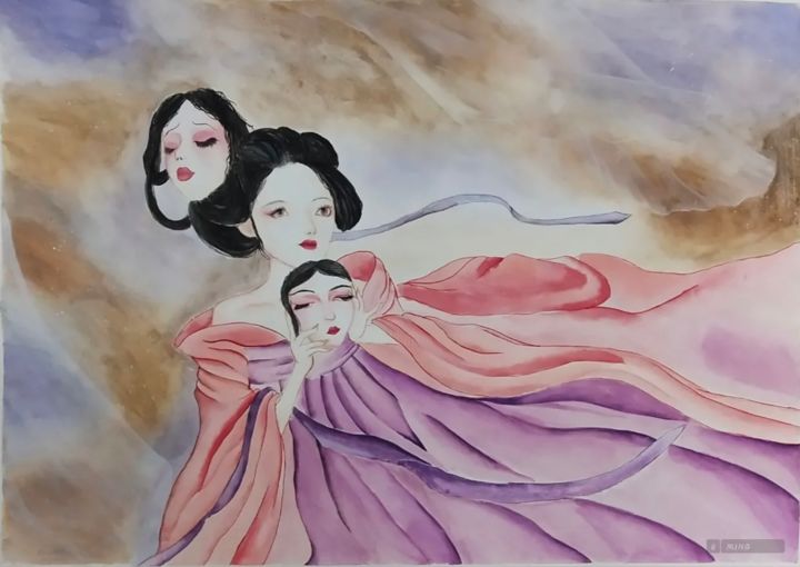 Painting titled "The face" by Mhui, Original Artwork, Watercolor