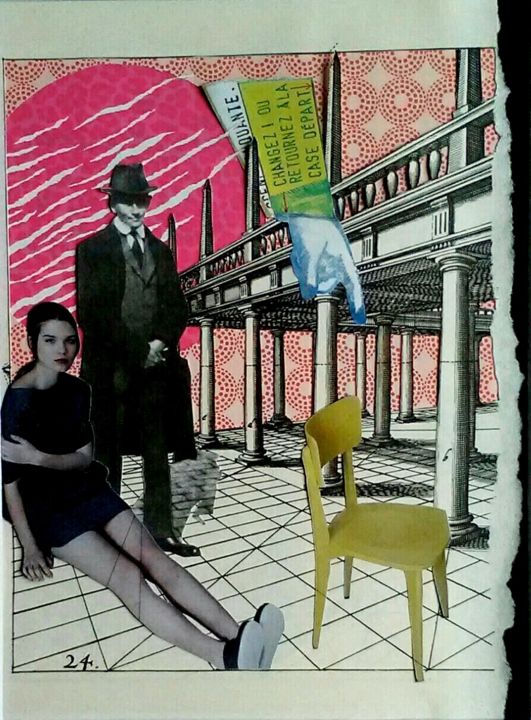 「La chaise jaune」というタイトルのコラージュ Richard Minguellによって, オリジナルのアートワーク