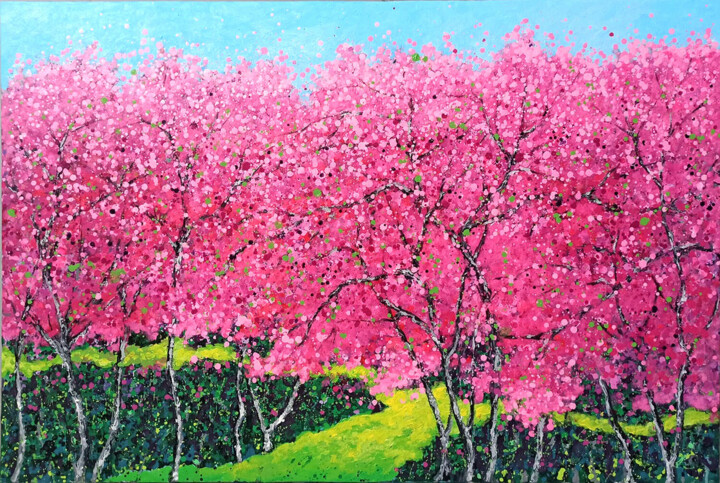Pintura titulada "Cherry blossoms blo…" por Minh Phuong Hoang Thi, Obra de arte original, Acrílico