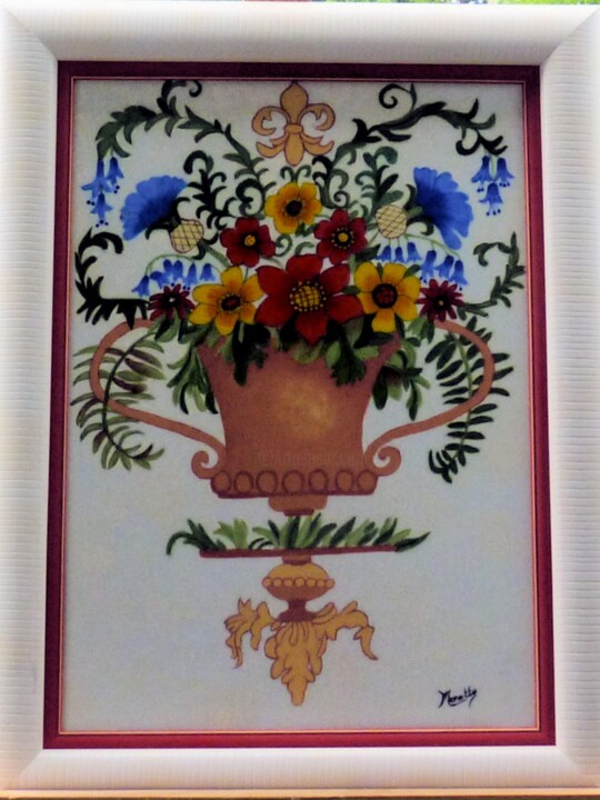 Peinture intitulée "Vasque fleurie - su…" par Monette O'Neill, Œuvre d'art originale, Autre Monté sur Châssis en bois