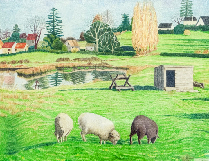 Painting titled "Verts pâturages de…" by Mira, Original Artwork, Pencil