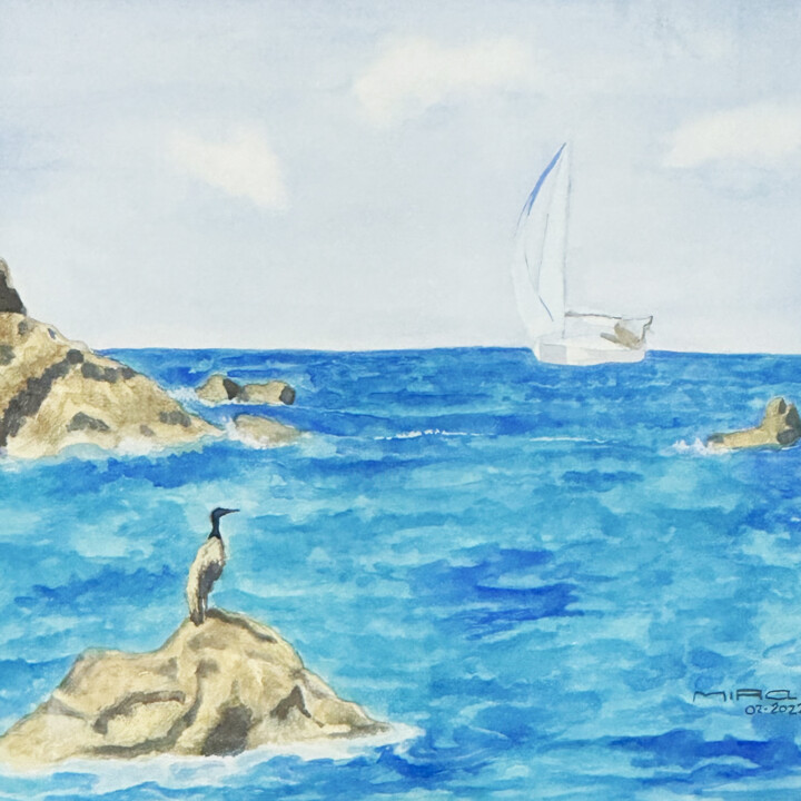 Painting titled "Cormoran au rocher/…" by Mira, Original Artwork, Watercolor