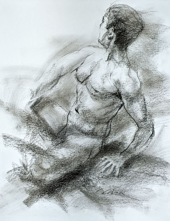 Dessin intitulée "Male Nude #1" par Mira Chen, Œuvre d'art originale, Fusain