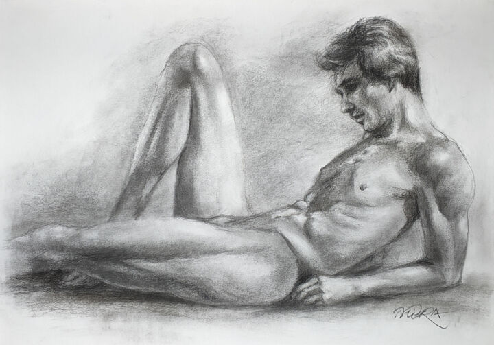 Drawing titled "Reclining Male Nude" by Mira Chen, Original Artwork, Charcoal