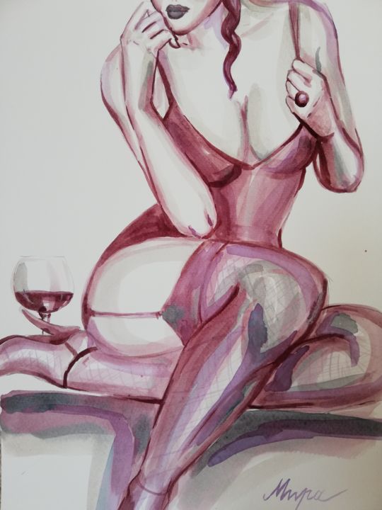Painting titled "Glass Of Wine" by Mira Kovacevic (Wine Artist), Original Art, Watercolor