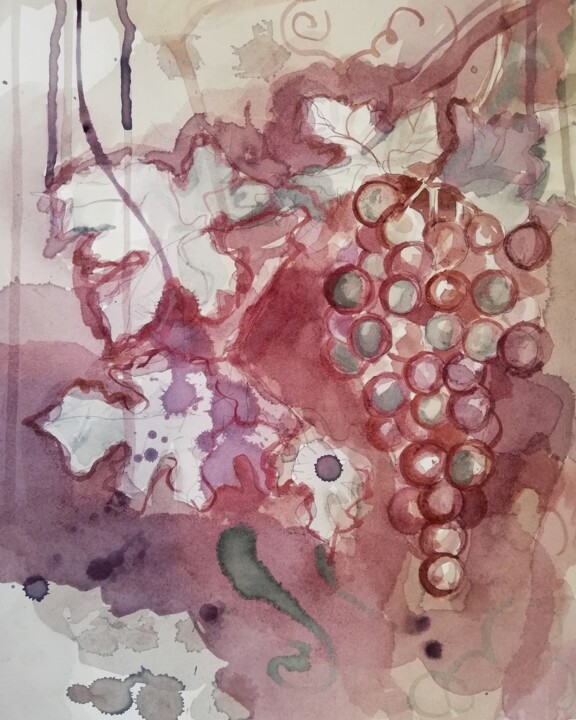 Картина под названием "Grapes From Wine" - Mira Kovacevic (Wine Artist), Подлинное произведение искусства, Акварель