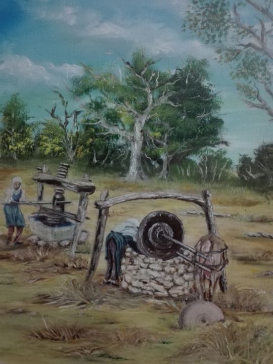 Peinture intitulée "le moulin d'olives" par Mira Mazouz, Œuvre d'art originale, Huile