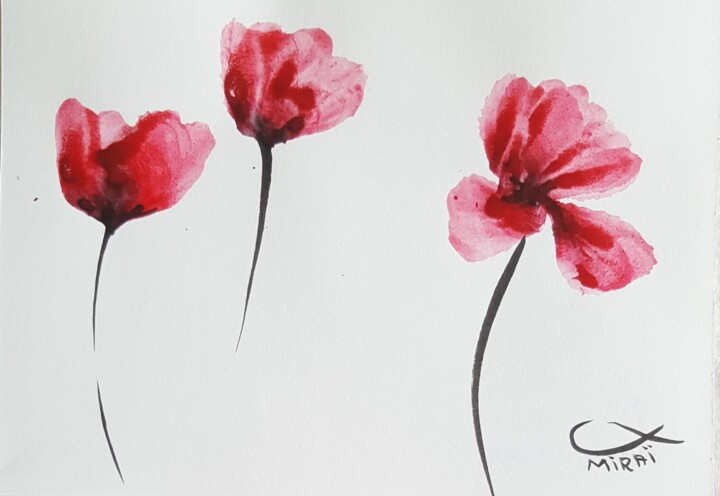 Painting titled "Poppies" by Miraï, Original Artwork, Watercolor