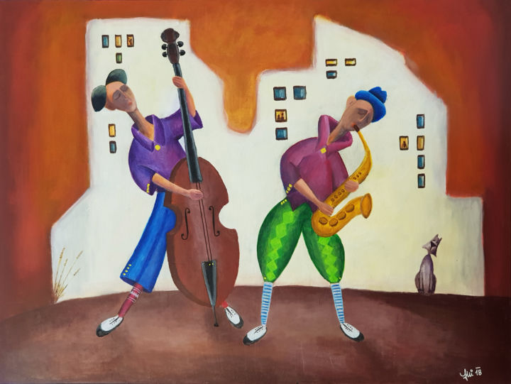 Painting titled "Street music-Duet-n…" by Miran Stergulec, Original Artwork, Acrylic