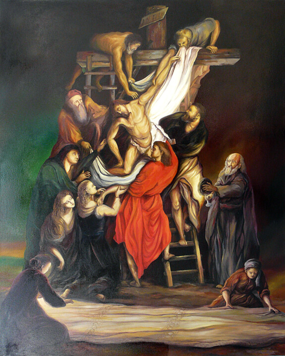Painting titled "Coborârea lui Iisus…" by Mircea Cojocaru, Original Artwork, Oil Mounted on Wood Stretcher frame