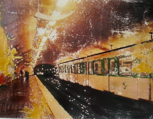 Pittura intitolato "Le métro à Paris" da Mireille Gratier De Saint Louis, Opera d'arte originale