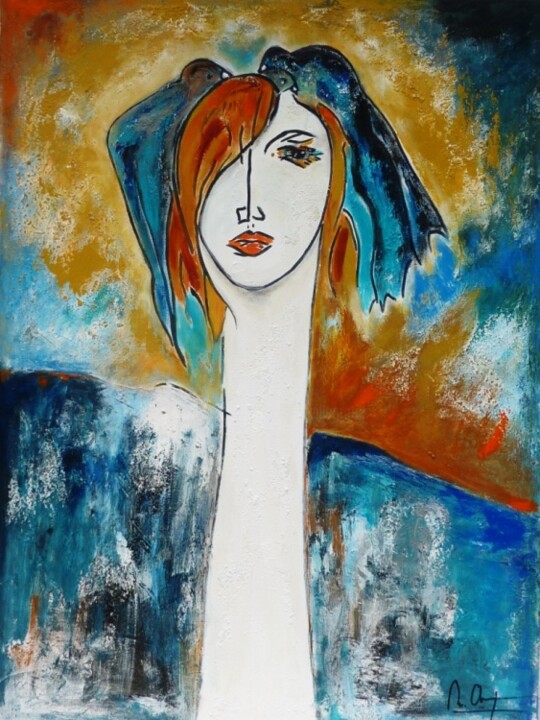 Картина под названием "femme-aux-oiseaux" - Mireille Gratier De Saint Louis, Подлинное произведение искусства, Масло
