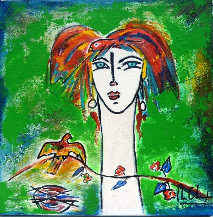 Картина под названием "femme oiseau fonds…" - Mireille Gratier De Saint Louis, Подлинное произведение искусства