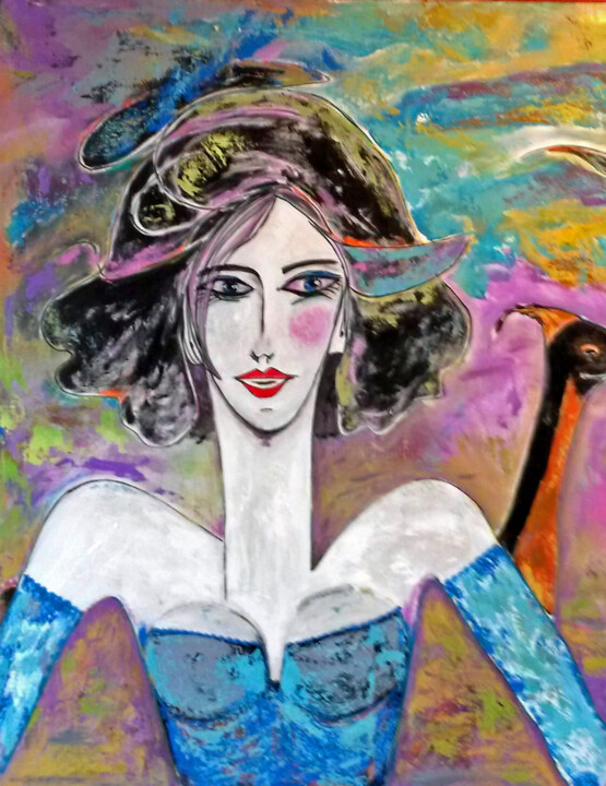 Painting titled "Shams et l'oiseau" by Mireille Gratier De Saint Louis, Original Artwork