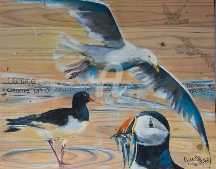 Peinture intitulée "oiseaux de mer" par Mireille Le Polles, Œuvre d'art originale, Acrylique Monté sur artwork_cat.
