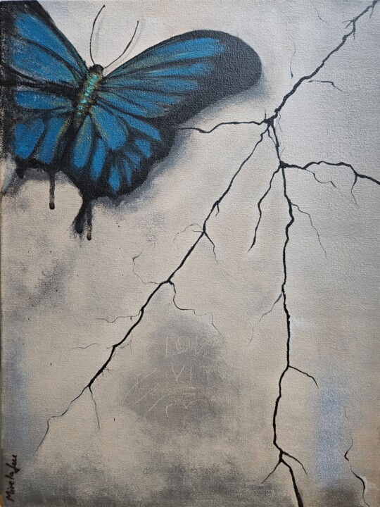 Painting titled "Butterfly on a wall" by Mirela Leu, Original Artwork, Acrylic