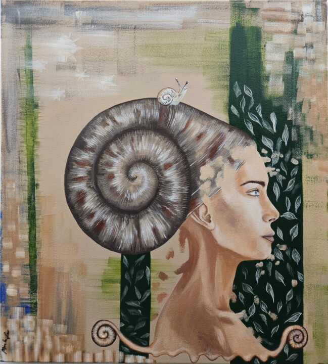 Schilderij getiteld "Snail woman" door Mirela Leu, Origineel Kunstwerk, Acryl