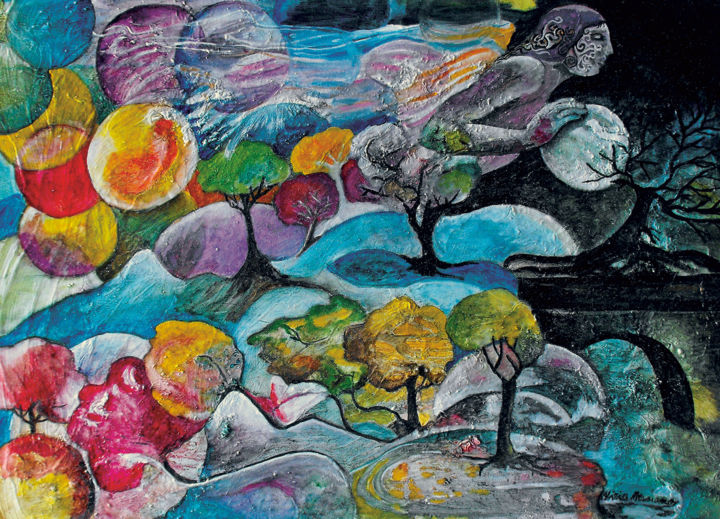 Malerei mit dem Titel "Angelo dei colori" von Miria Mesiano, Original-Kunstwerk, Öl
