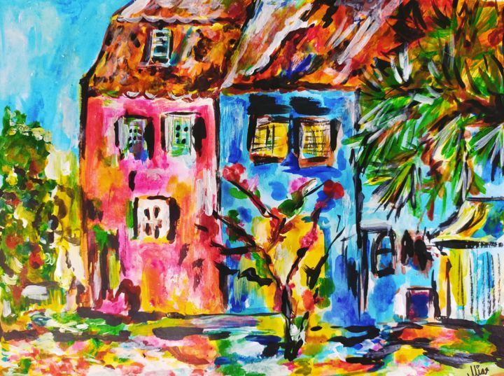 Painting titled "Pink House" by Mia, Original Artwork, Acrylic