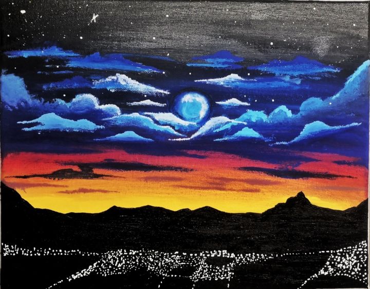 Painting titled "Dramatic Moonlight" by Meriam Ouertani, Original Artwork, Acrylic