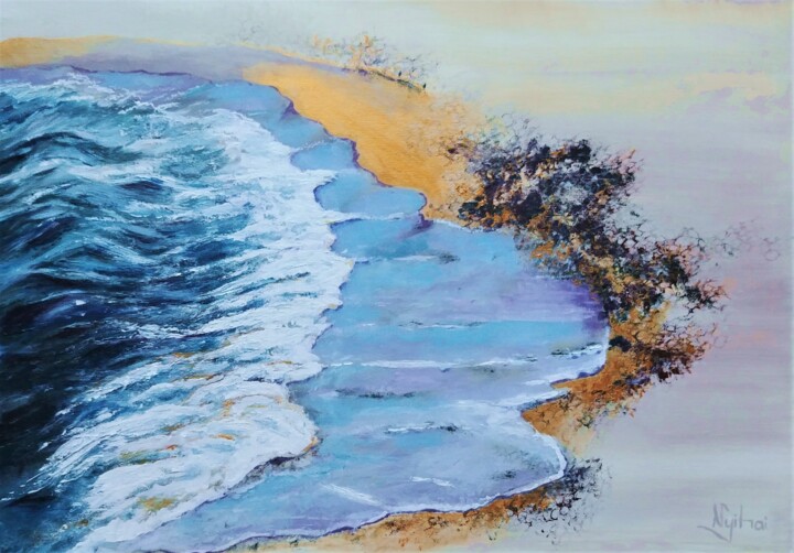 Painting titled "Golden Beach" by Mirian Nyitrai, Original Artwork, Acrylic