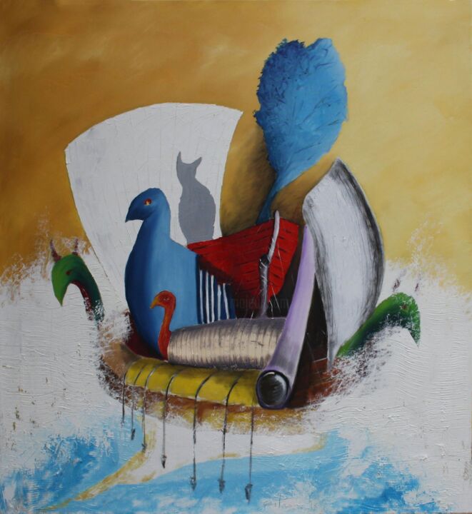 Peinture intitulée "la barca dei folli" par Mirio Citron, Œuvre d'art originale, Huile Monté sur artwork_cat.