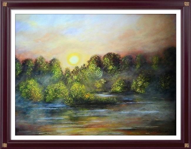 Peinture intitulée "Sunset over a forest" par Miroslaw Mikolajewski, Œuvre d'art originale