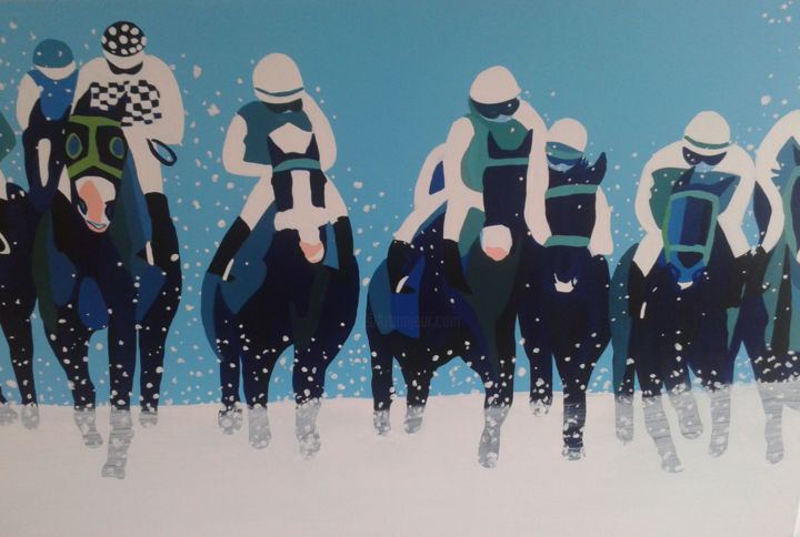 Painting titled "Course dans la neige" by Mirou Navalon, Original Artwork, Acrylic Mounted on Wood Stretcher frame