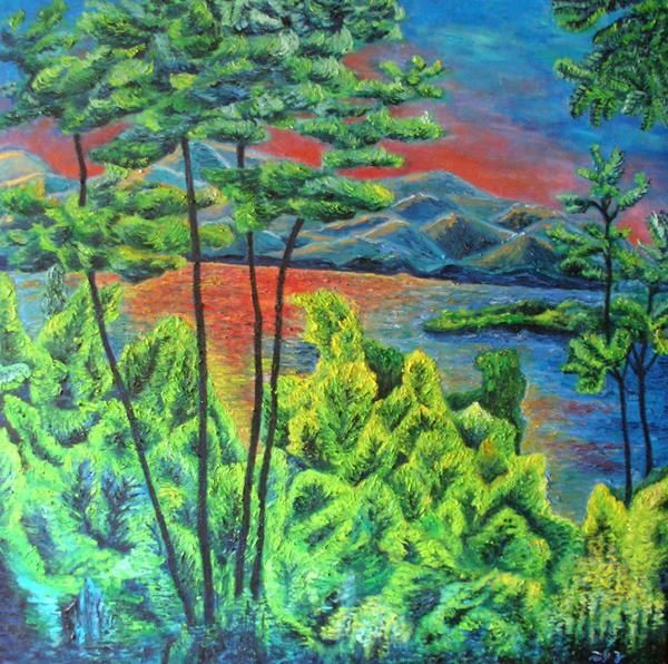 Painting titled "The Evening Lake" by Misako Chida, Original Artwork, Oil