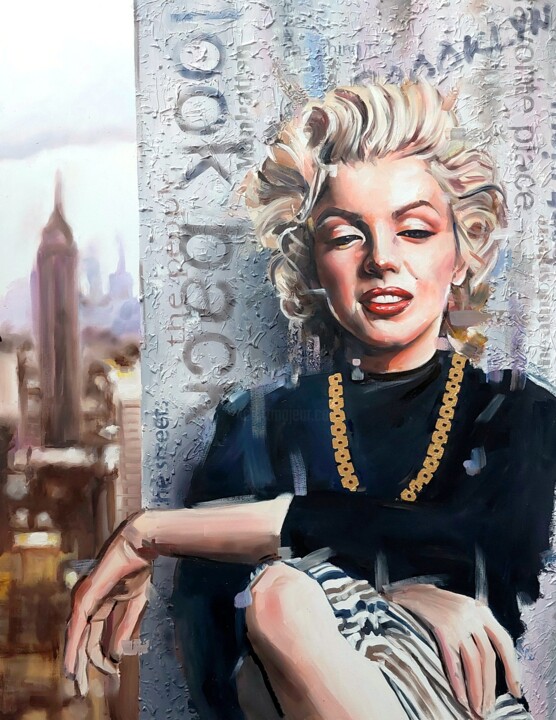 Painting titled "Marilyn, NYC" by Simona Zecca, Original Artwork, Oil Mounted on Wood Stretcher frame