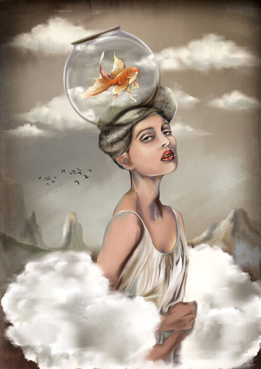 Цифровое искусство под названием "girl with a fish on…" - Olha Vicockaya, Подлинное произведение искусства, Цифровая живопись