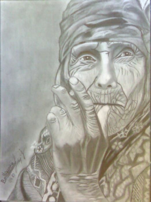 Drawing titled "Vieille femme" by Mohammed Bellahrech, Original Artwork, Pencil