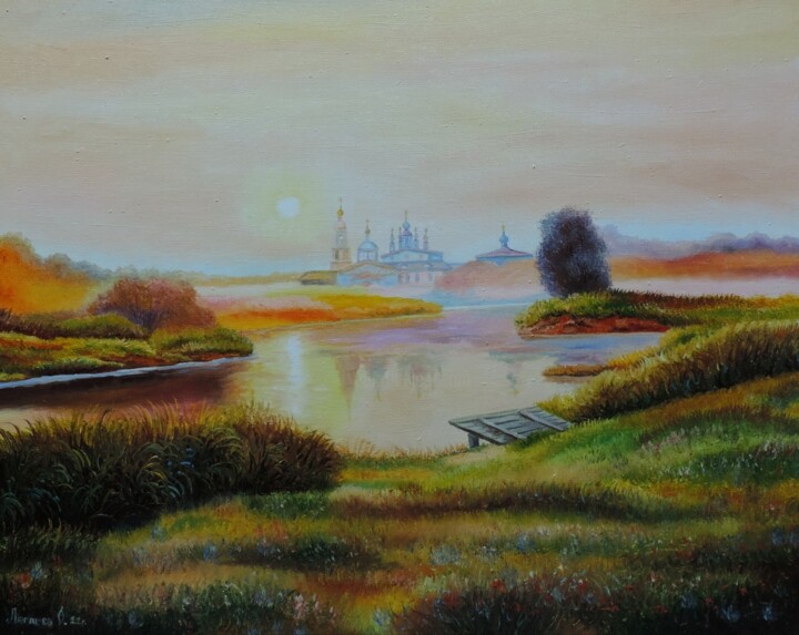 Painting titled "На тихом берегу реки" by Oleg Legarev, Original Artwork, Oil