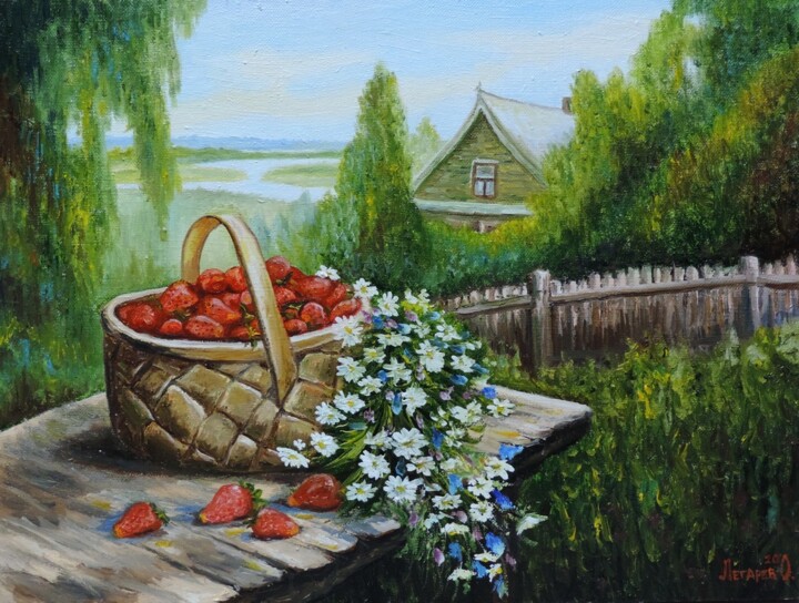 Painting titled "Натюрморт с клубник…" by Oleg Legarev, Original Artwork, Oil