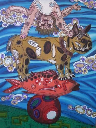 Peinture intitulée "Kinder Hund Fische" par Misti Freeman, Œuvre d'art originale
