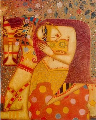 Painting titled "Reverie with a fair…" by Peter Mitchev, Original Artwork, Oil