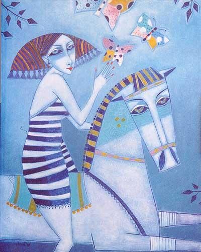 Painting titled "A game with a horse…" by Peter Mitchev, Original Artwork, Oil