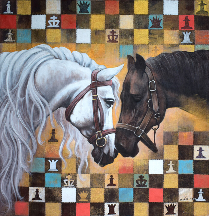 Painting titled "Horse in Chess_54" by Mithu Biswas, Original Artwork, Acrylic