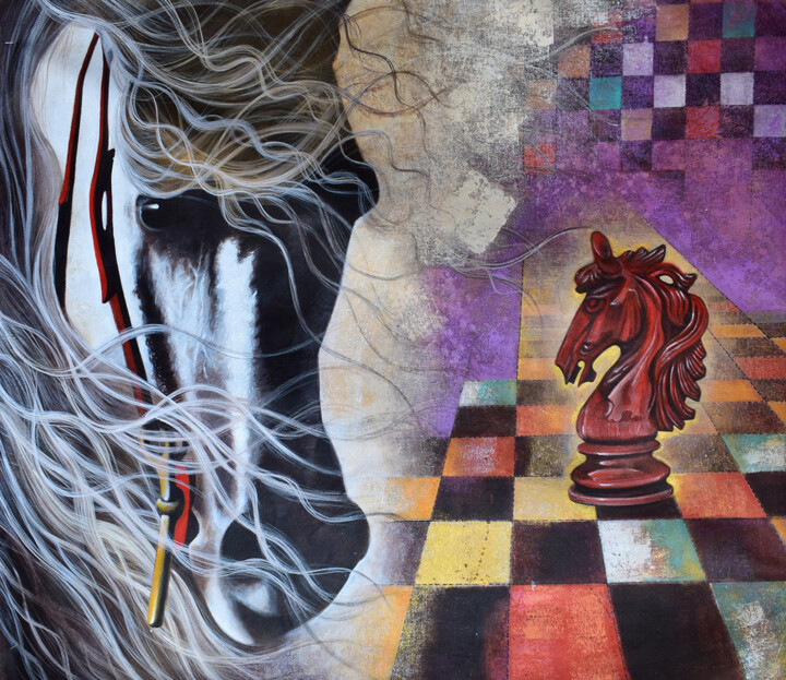 Pintura intitulada "Horse in Chess_55" por Mithu Biswas, Obras de arte originais, Acrílico