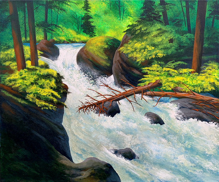 Painting titled "RUSHING WATER" by Richard Mittelstadt Mittelstadt, Original Artwork, Acrylic Mounted on Wood Stretcher frame