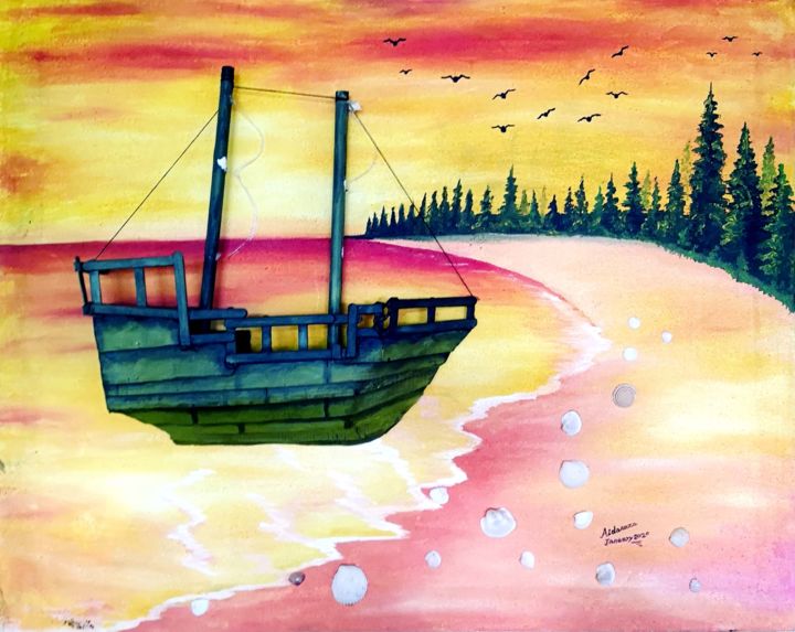 Painting titled "Ancient ship" by Millermzeiya, Original Artwork, Acrylic