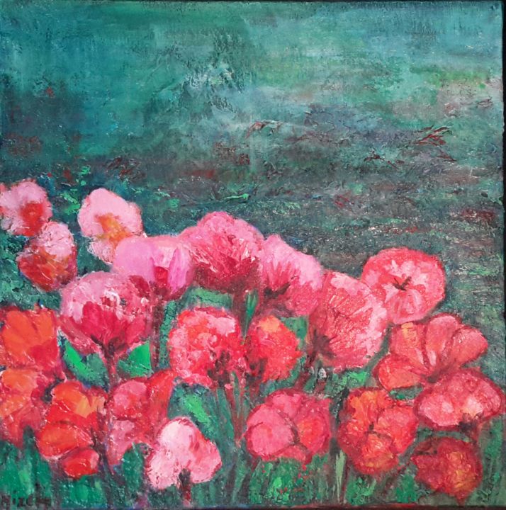 Painting titled "coquelicots 40x40" by Mizem, Original Artwork, Acrylic