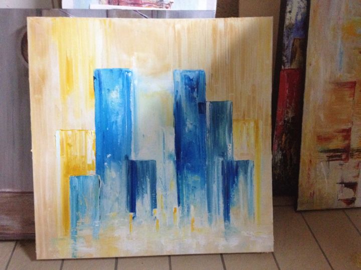 Peinture intitulée "les tours bleus" par Ferreira, Œuvre d'art originale, Huile