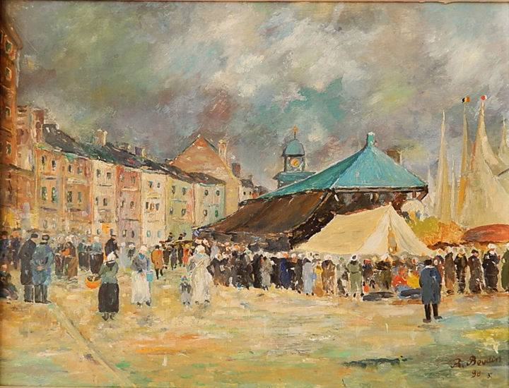 Painting titled "Le Marché à Trouvil…" by Raymond Boduin, Original Artwork, Oil