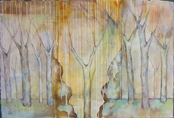 Pintura titulada "Arboles sobre amari…" por María José Barrera Garrido, Obra de arte original