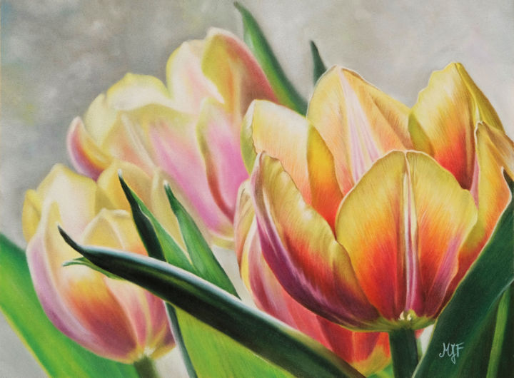 Peinture intitulée "Tulipes" par Marie-Jeanne Fawer, Œuvre d'art originale, Pastel