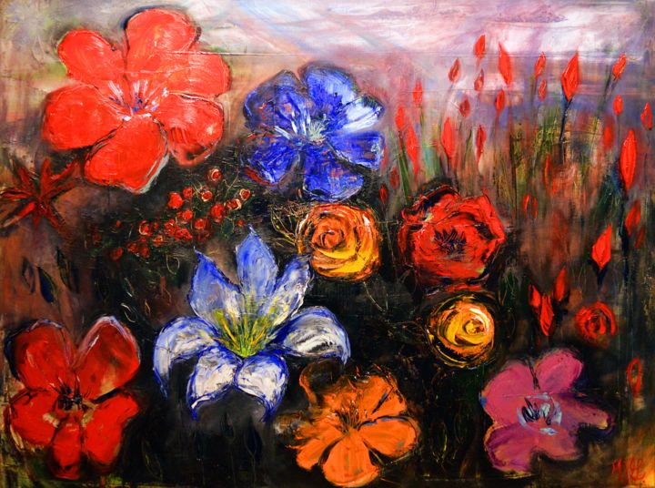 Malerei mit dem Titel "Fleurs au noir" von Mjg Artiste Peintre, Original-Kunstwerk, Öl