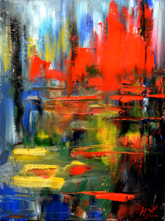 Malerei mit dem Titel "Reflets sur l'eau" von Mjg Artiste Peintre, Original-Kunstwerk, Öl